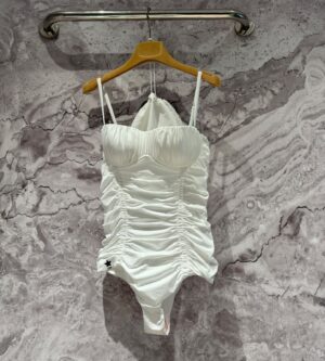 디올 리비에라 수영복 모노키니 원피스 스윔수트 셔링 화이트 44BS04A2370