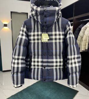 버버리 후드 체크 패딩 자켓 네이비블루 8059212