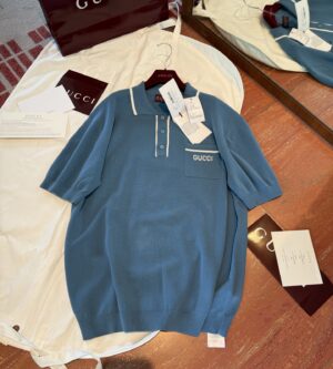 구찌 남성 실크 코튼 폴로 셔츠 블루 814527
