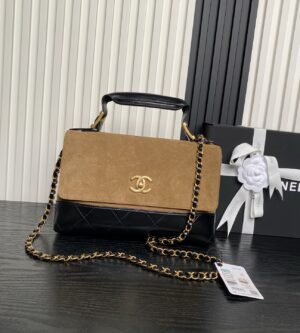 샤넬 25A 공방 스웨이드 투톤 플랩백 탑핸들 체인 램스킨 AS5637