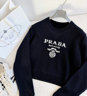 프라다 울 캐시미어 크루넥 크롭 니트 네이비 P24U1T