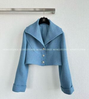 샤넬 26C 크루즈 트위드 자켓 숄 카라넥 숏 자켓 크롭 코튼 블루 P80823