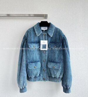 샤넬 25K 코듀로이 벨벳 블루종 자켓 포켓 스트라스 블루 코튼 P80573