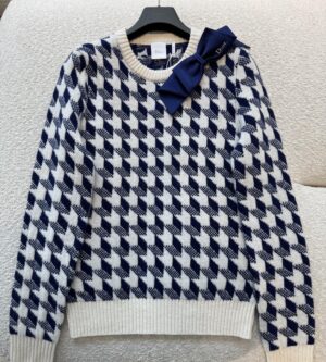 디올 하운즈투스 크롭 울 니트 스웨터 네이비 블루 화이트 624S05A2006