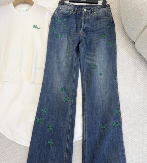 디올 클로버 자수 플레어 진 청바지 코튼 데님 블루 622P80X3215