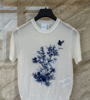 디올 뜨왈 드 주이 플로럴 가든 모티브 자수 반팔 니트 스웨터 화이트