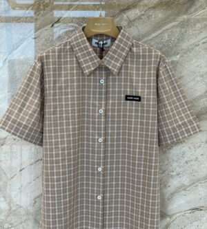 미우미우 체크 코튼 포플린 로고 패치 반팔 셔츠