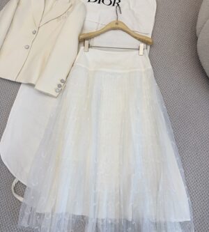 디올 호스슈 자수 플리츠 미디 스커트 치마 도티드 자수 튤 화이트 621J50K8A55