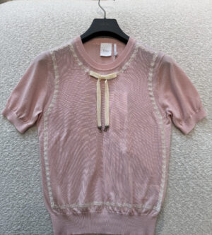 디올 반소매 니트 스웨터 에크루 레이스 핑크 624S24A6E80