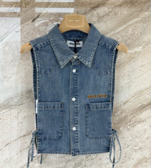 미우미우 크롭 샴브레이 타이 셔츠 조끼 GWC144