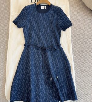 디올 오블리크 벨트 쇼트 플레어 원피스 네이비 블루 624R19A5E33