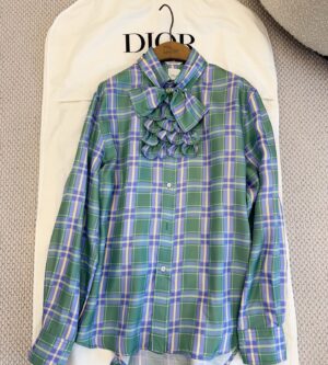 디올 체크 실크 블라우스 탈착식 보우 621B58A6A23